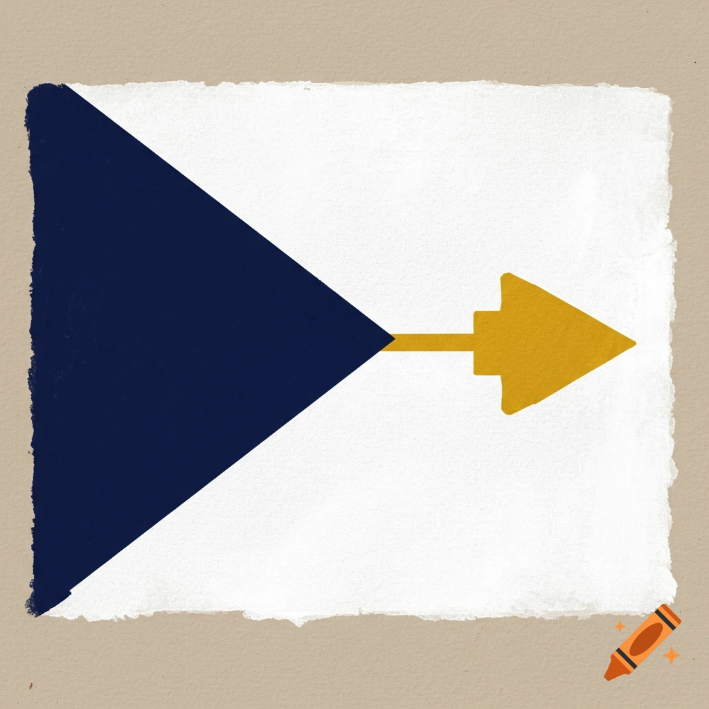 A graphic featuring a navy blue triangle and a golden arrow shape on a white background with rough edges.