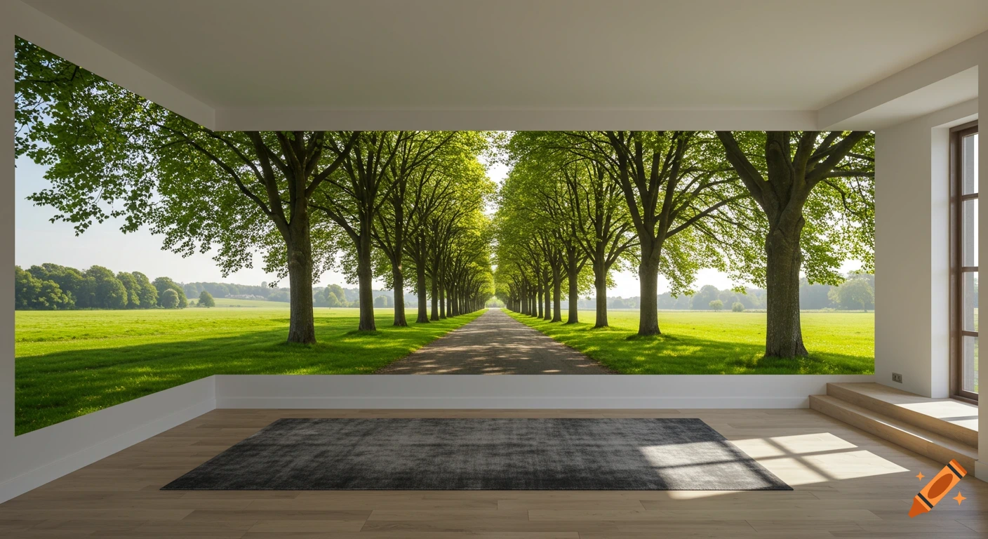 A photorealistic view of a tree-lined avenue in a green landscape, seen through a large window in a room with a rug.