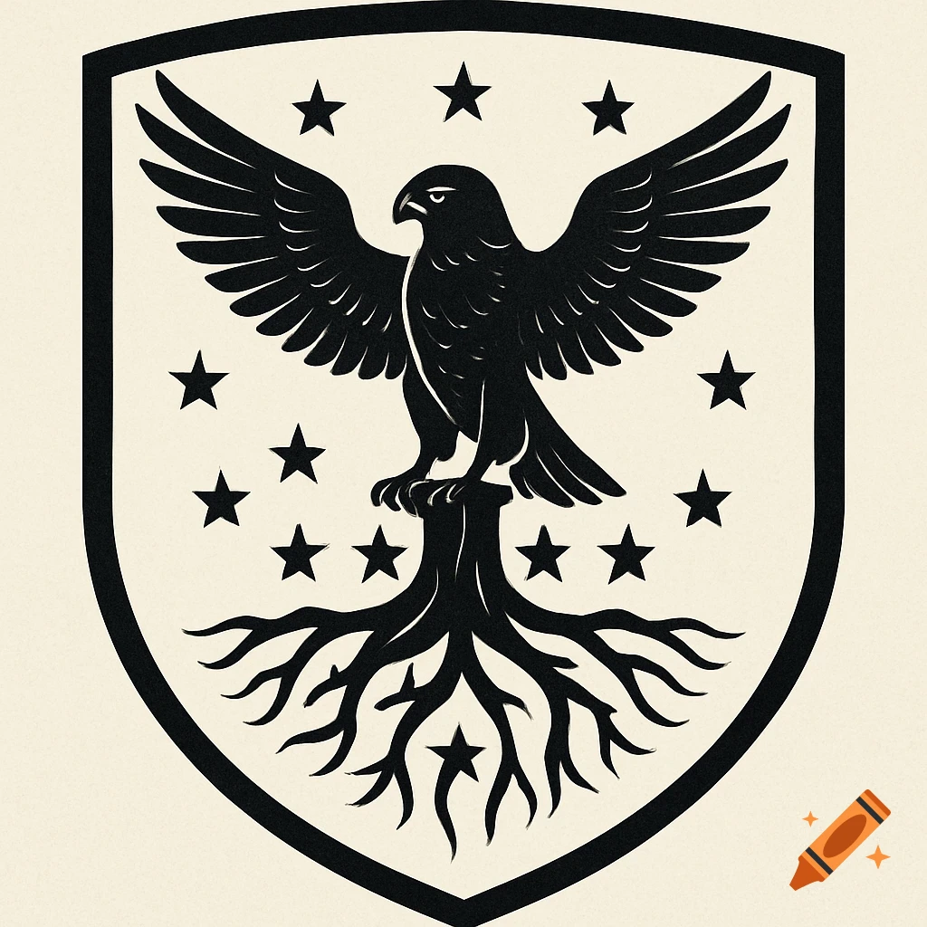 Black and white shield logo with an eagle perched on roots, surrounded by stars.
