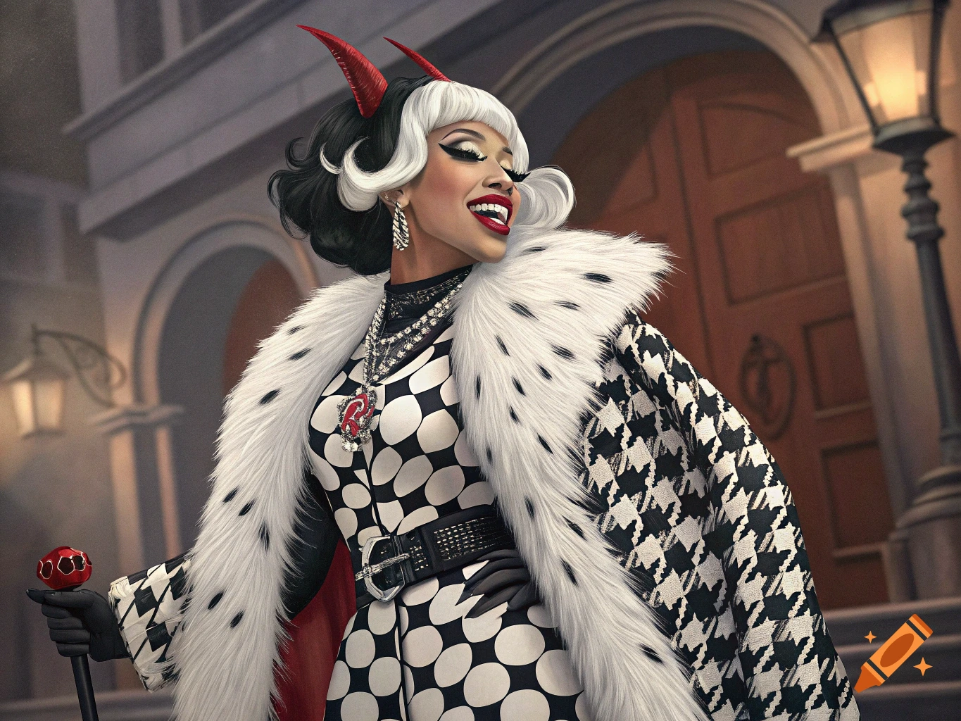 A person styled as Cruella de Vil with red devil horns, wearing a black and white polka dot dress and a fur coat.