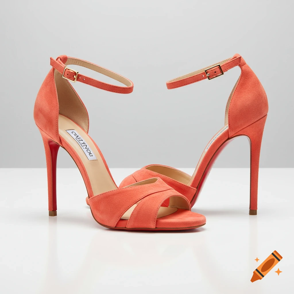 Pair of coral suede high-heeled sandals with ankle straps