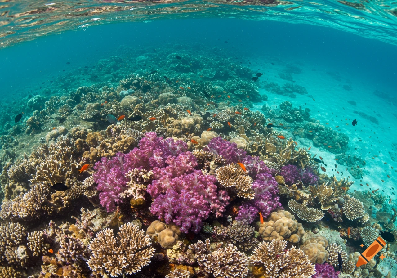 Vibrant coral reef with purple and brown corals and small fish swimming in tropical blue water.