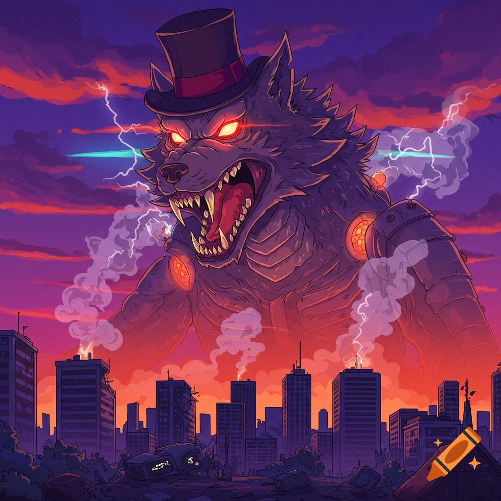 A giant stylized monster wolf in a top hat looms over a destroyed city at sunset, with lightning and smoke.