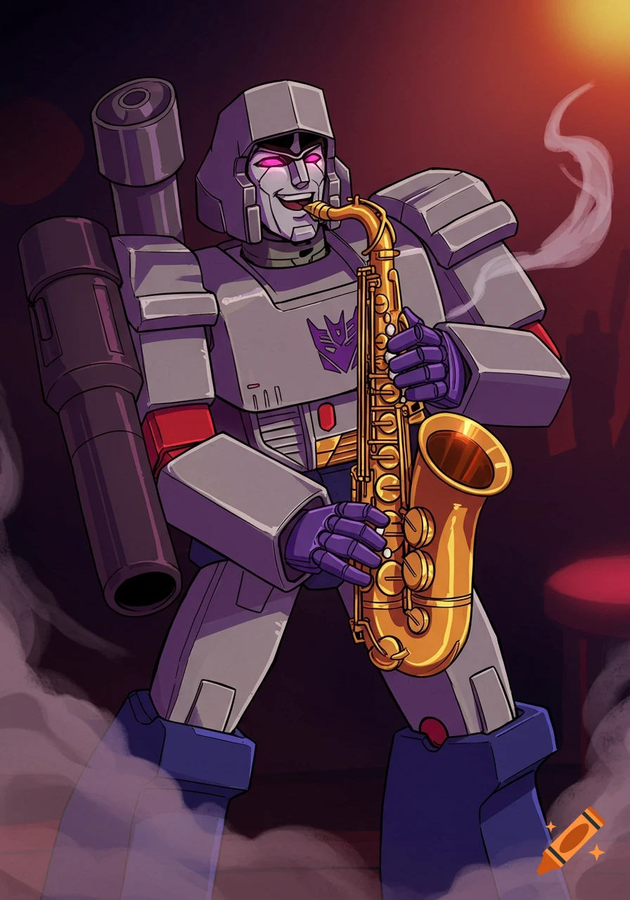 Cartoon illustration of Megatron from Transformers playing a golden saxophone in a smoky scene.