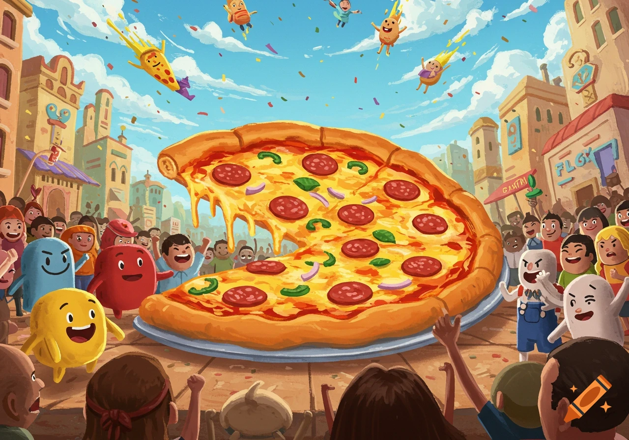 Giant pizza carried through a street during a celebration with cartoon characters, digital art style.