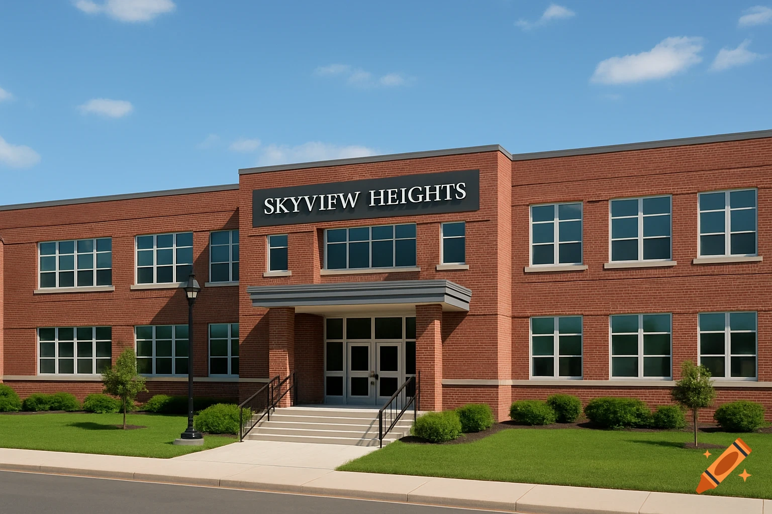A brick school building with a sign that says SKYVIEW HEIGHTS.