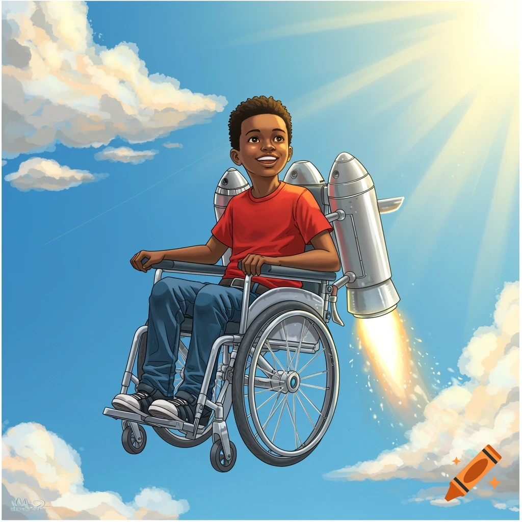 Illustration of a Black boy in a wheelchair flying with a jetpack through a bright blue sky.