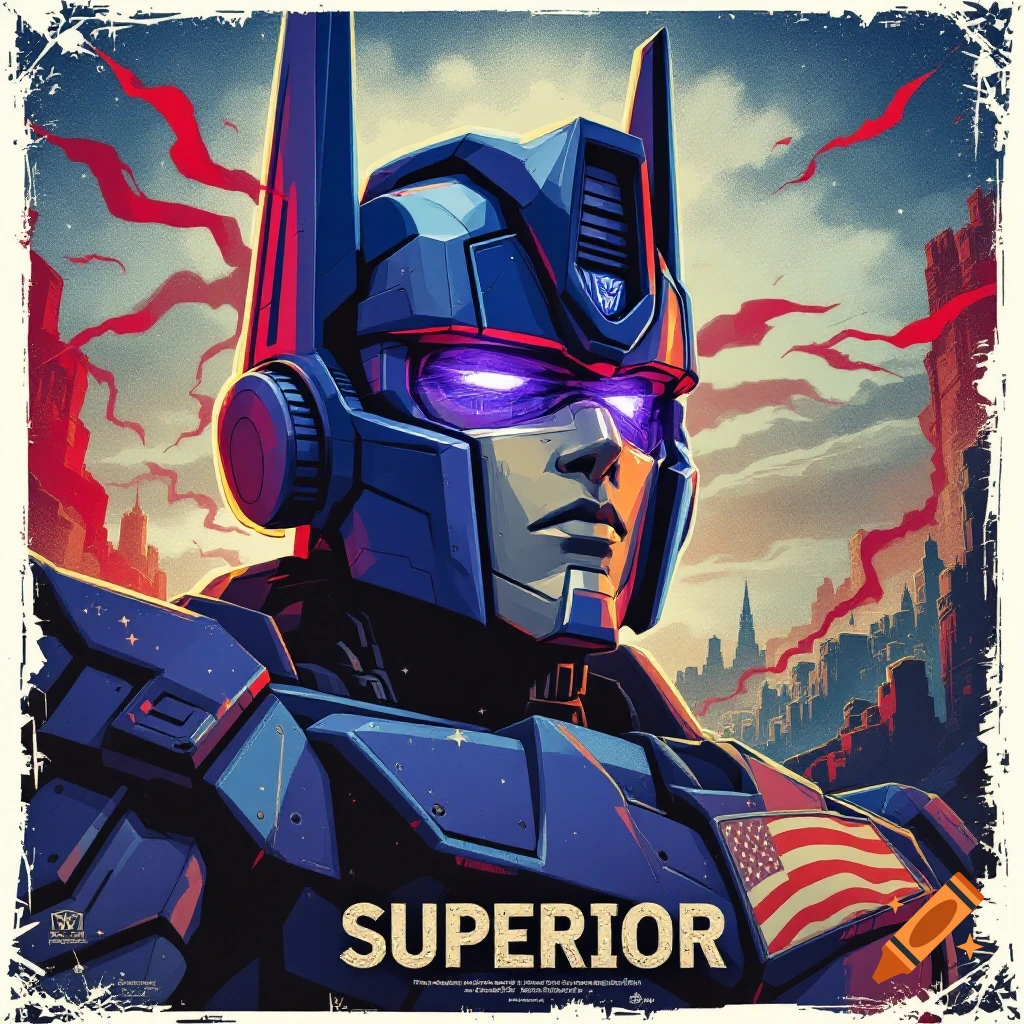 A close-up of a blue and red robot with glowing eyes and an American flag, styled like a propaganda poster with 'SUPERIOR' text.