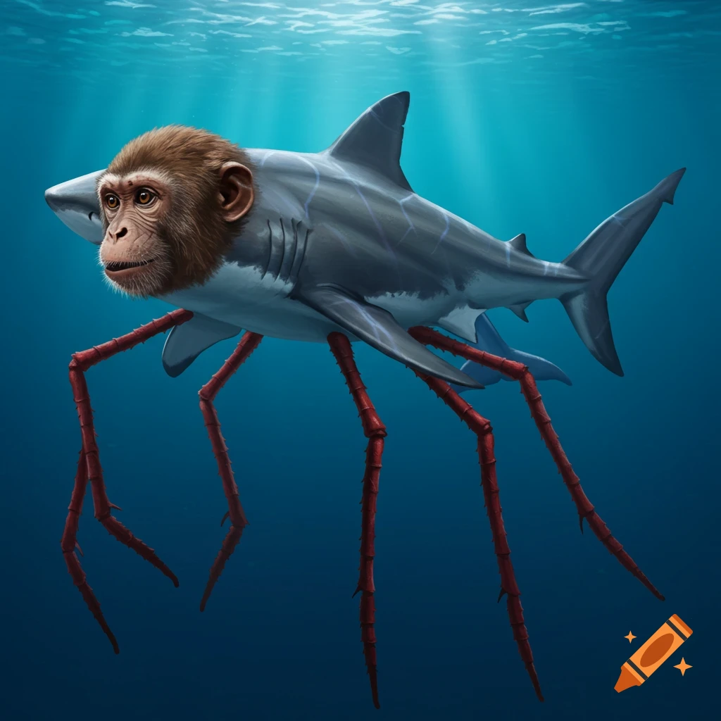 A bizarre creature swims underwater, with the body of a shark, the head of a monkey, and multiple long, spindly red legs.