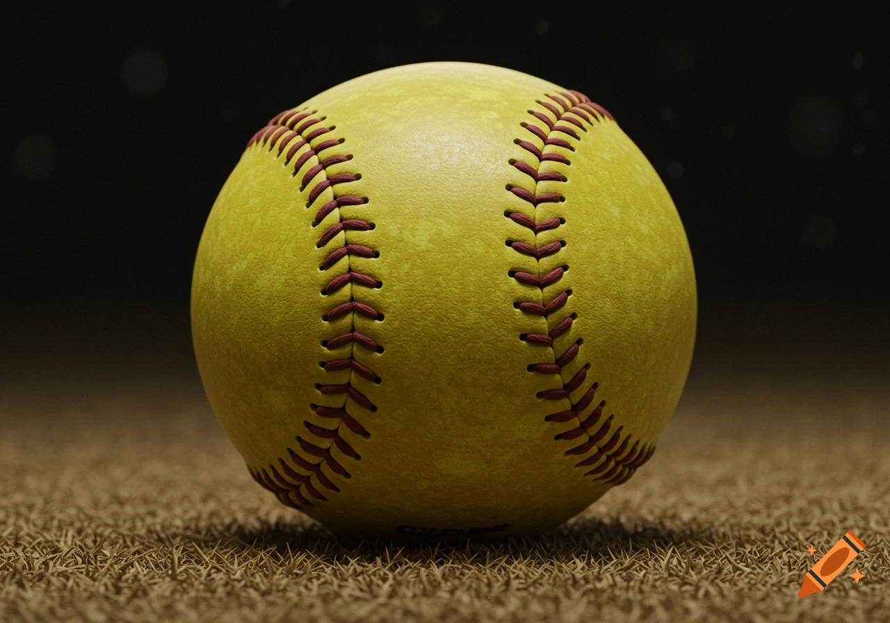Close-up of a yellow softball with red stitching on a field