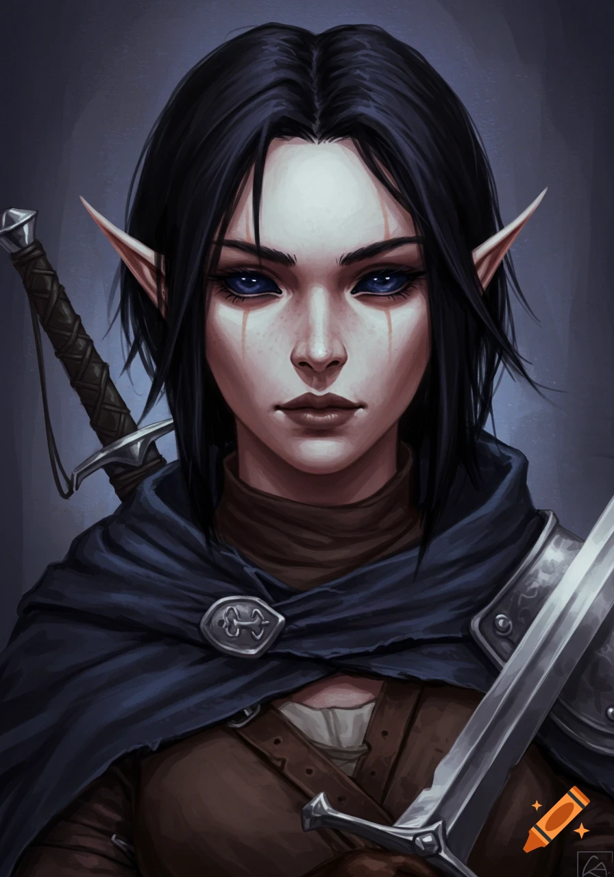Portrait of a dark-haired female fantasy adventurer holding a sword. on ...