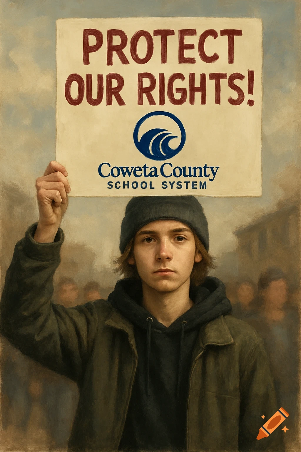 Protect Human Rights Sign A painting of a young person holding a protest sign that says 'Protect ...
