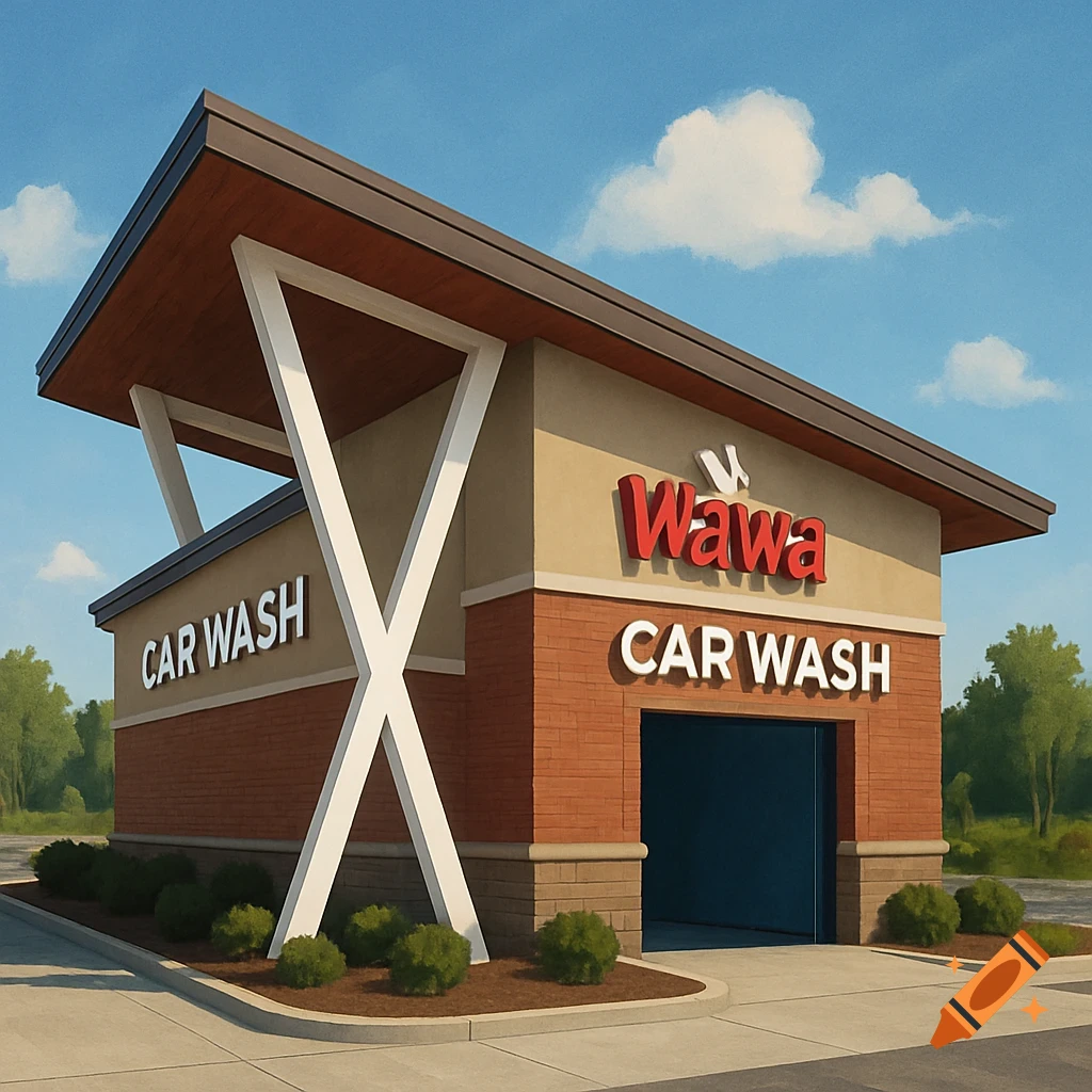 A modern Wawa car wash building with a sloped roof and white V-shaped support beams.