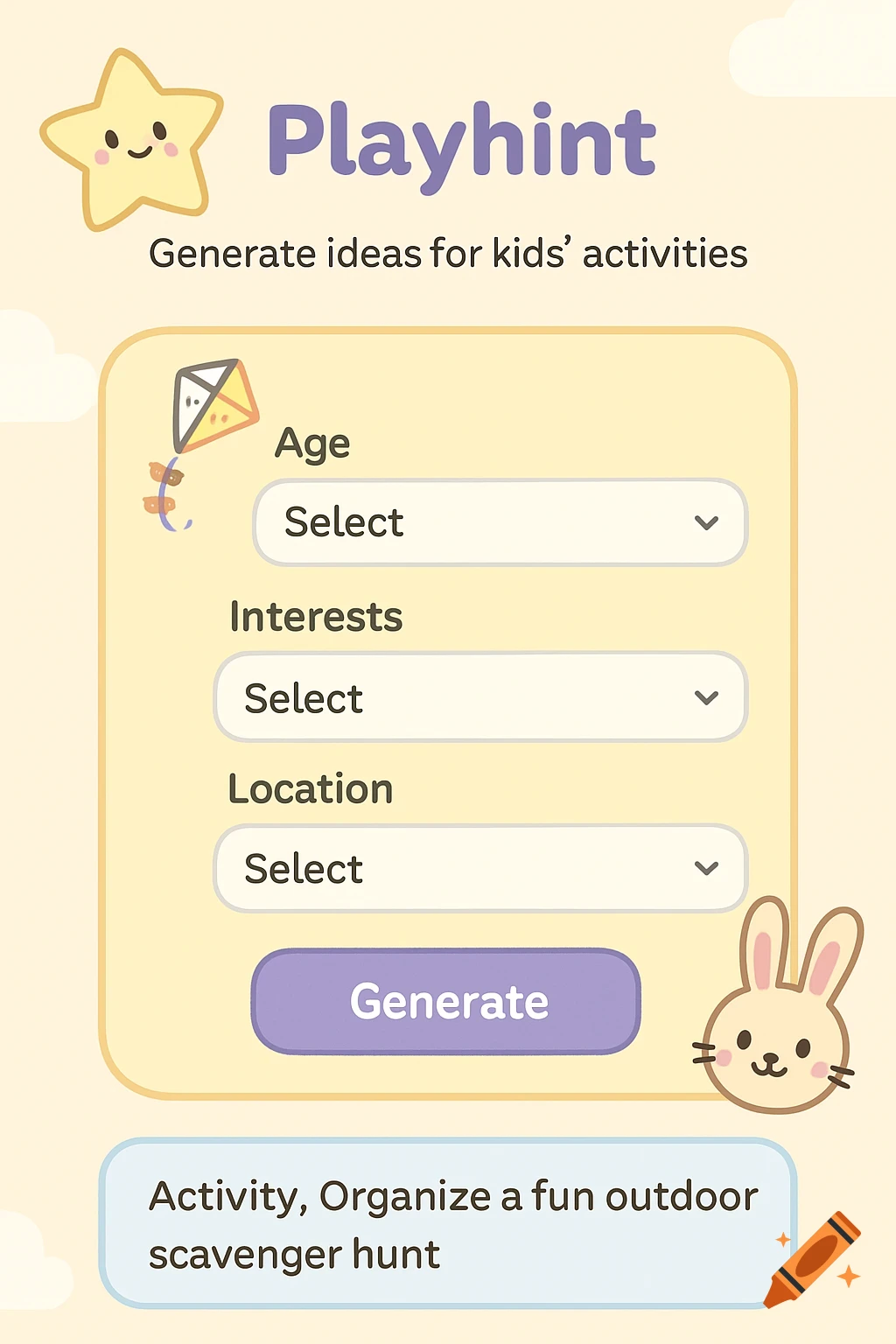 Cartoon UI design for a kids' activity app with pastel colors, star, kite, bunny, form fields, generate button, and activity text.