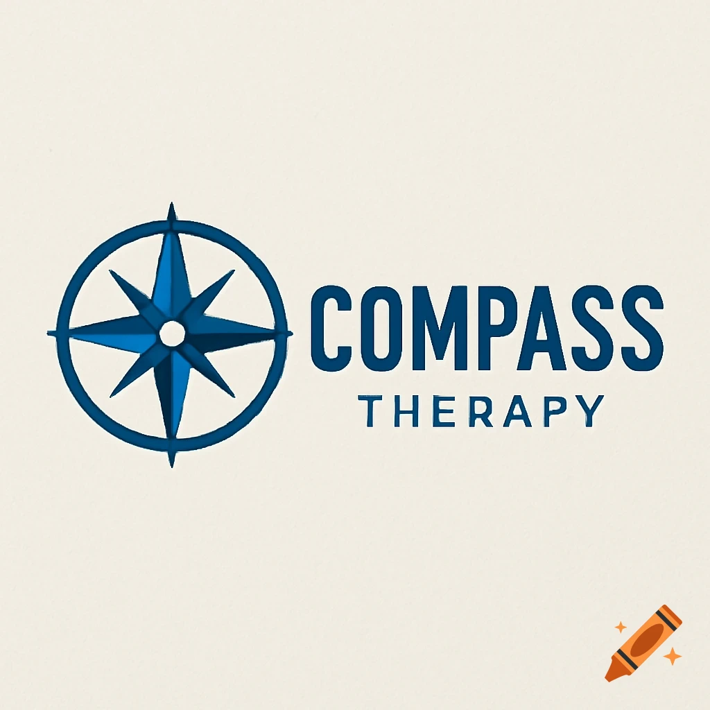 Logo with a blue compass rose symbol and the text 'COMPASS THERAPY' on a beige background.