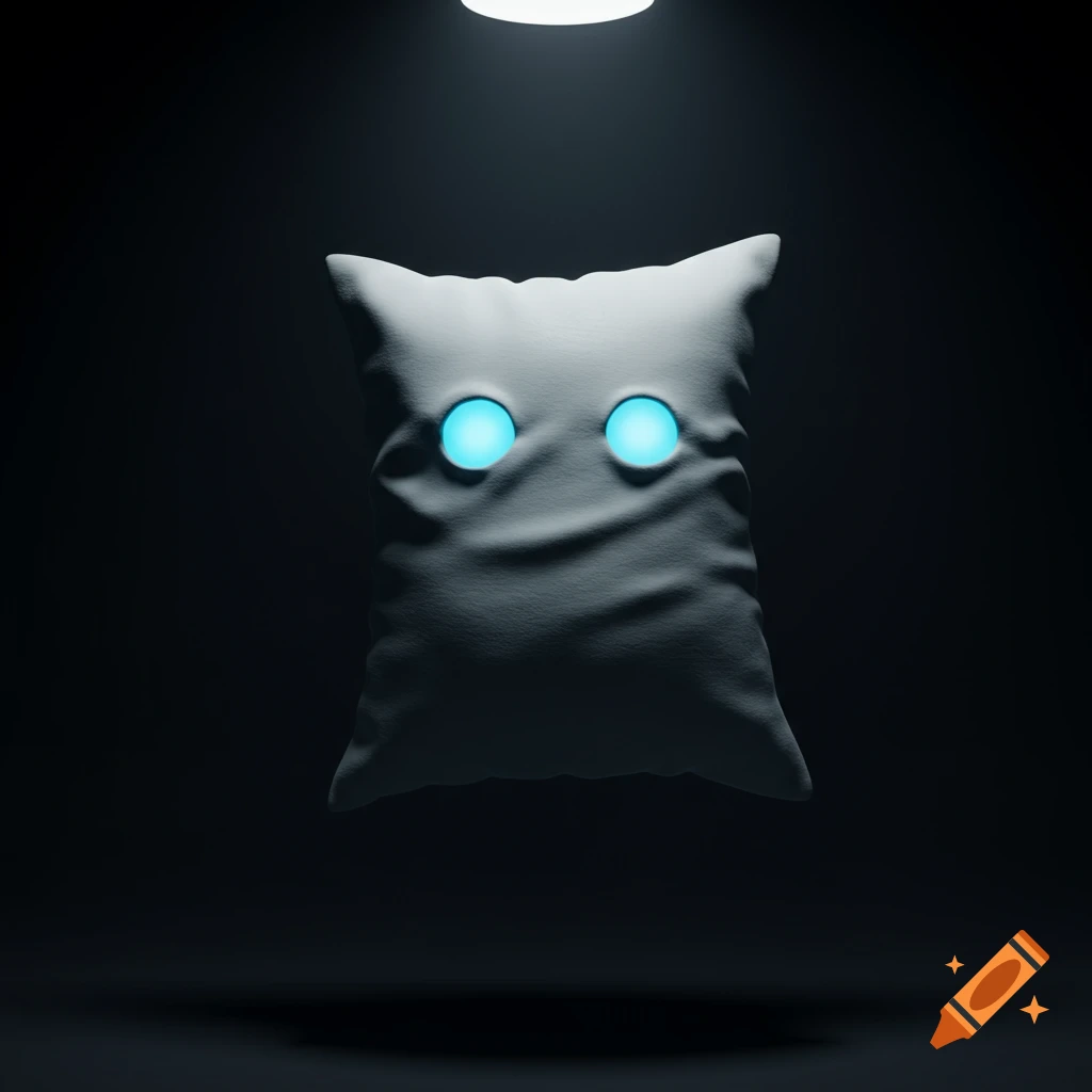 White pillow ghost with glowing blue eyes floating in the dark