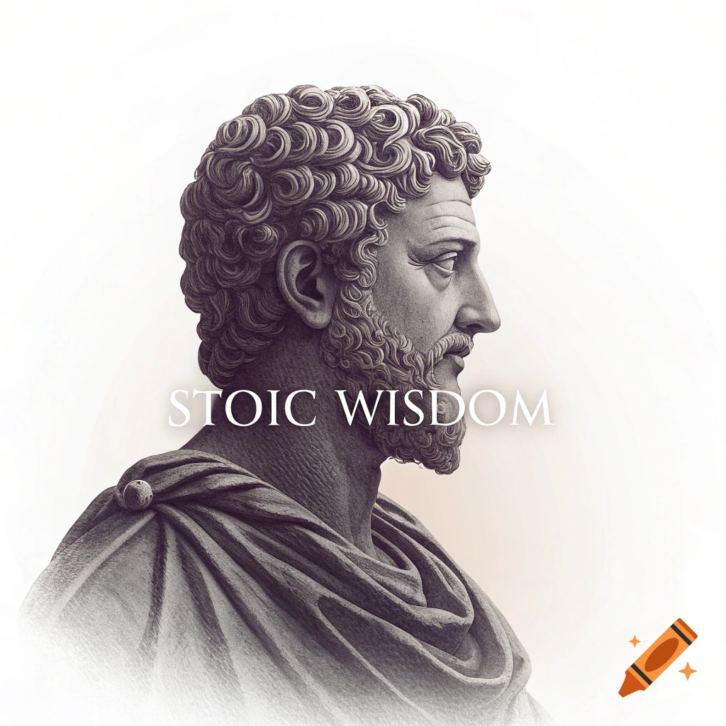 Profile illustration of a classical bust with the text "STOIC WISDOM"