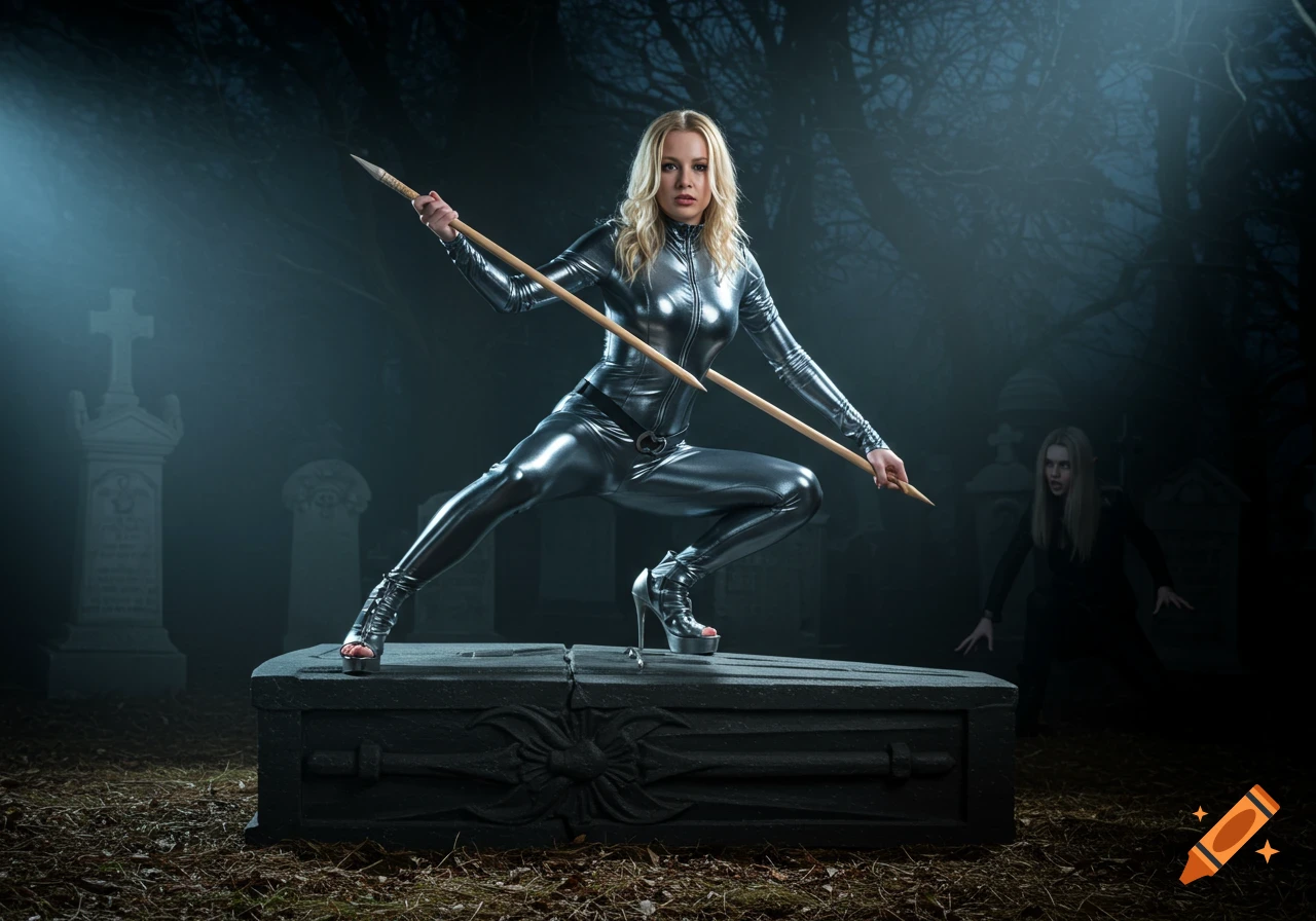 Blonde woman vampire slayer in silver suit squats on a tombstone with a stake in a dark graveyard.