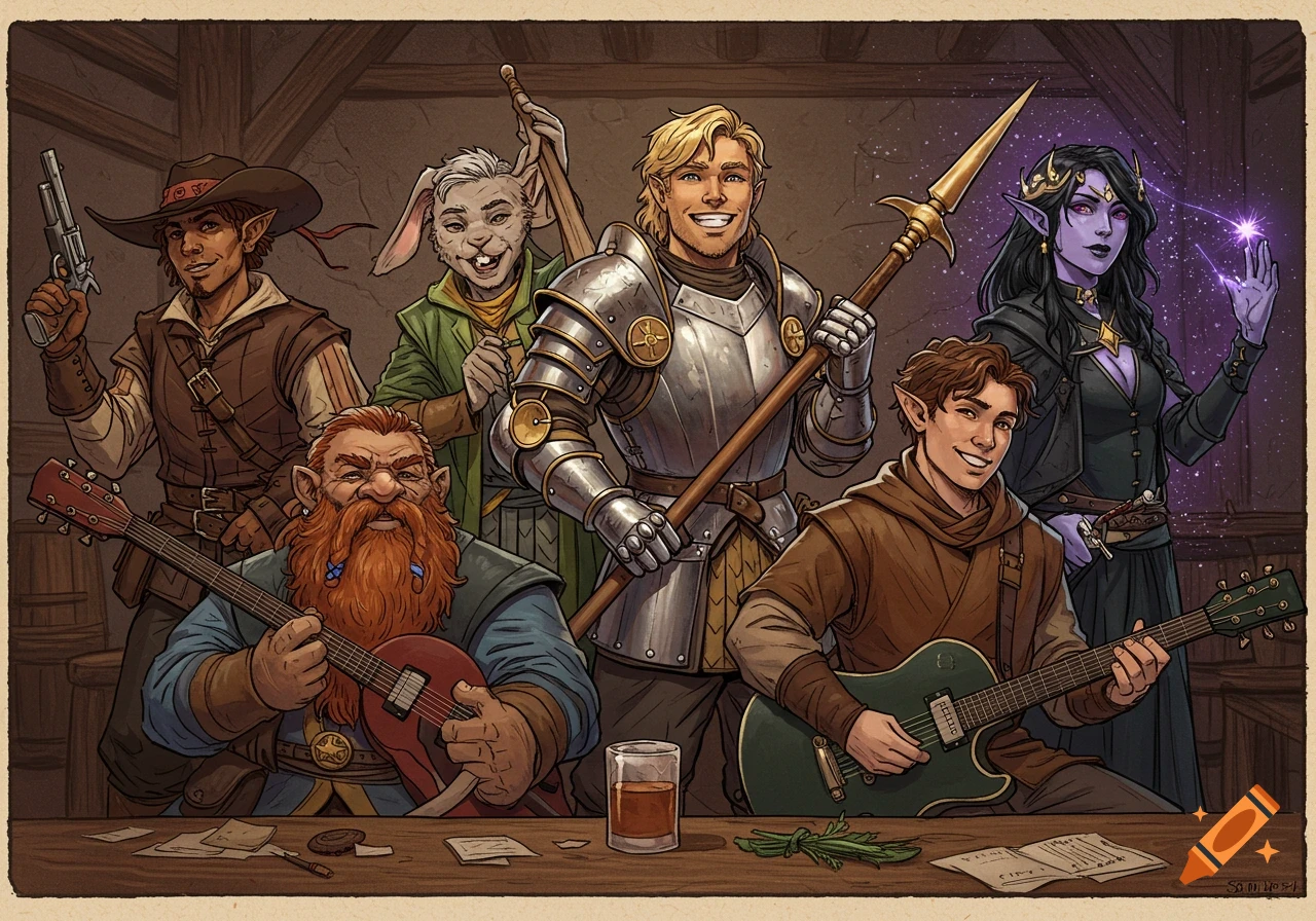An illustration of a fantasy adventuring party, including a dwarf, elf, rabbit, and others, playing music in a tavern.