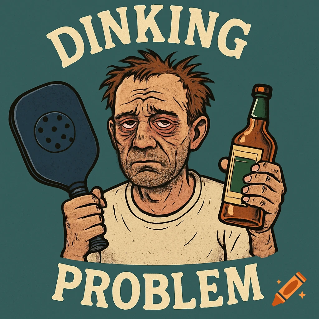 Illustration of a haggard man holding a pickleball paddle and a bottle of alcohol with text 'DINKING PROBLEM'.