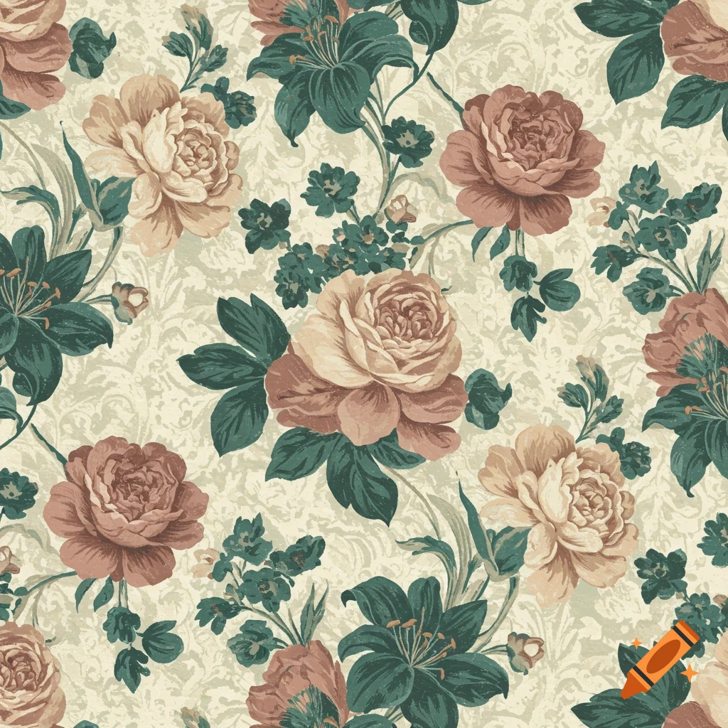 Seamless pattern of vintage-style roses and lilies on a textured background