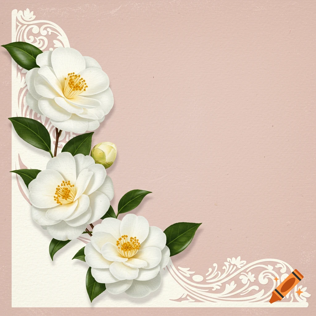 Vintage illustration of white camellias with green leaves and a bud on a textured pink background with decorative white borders.