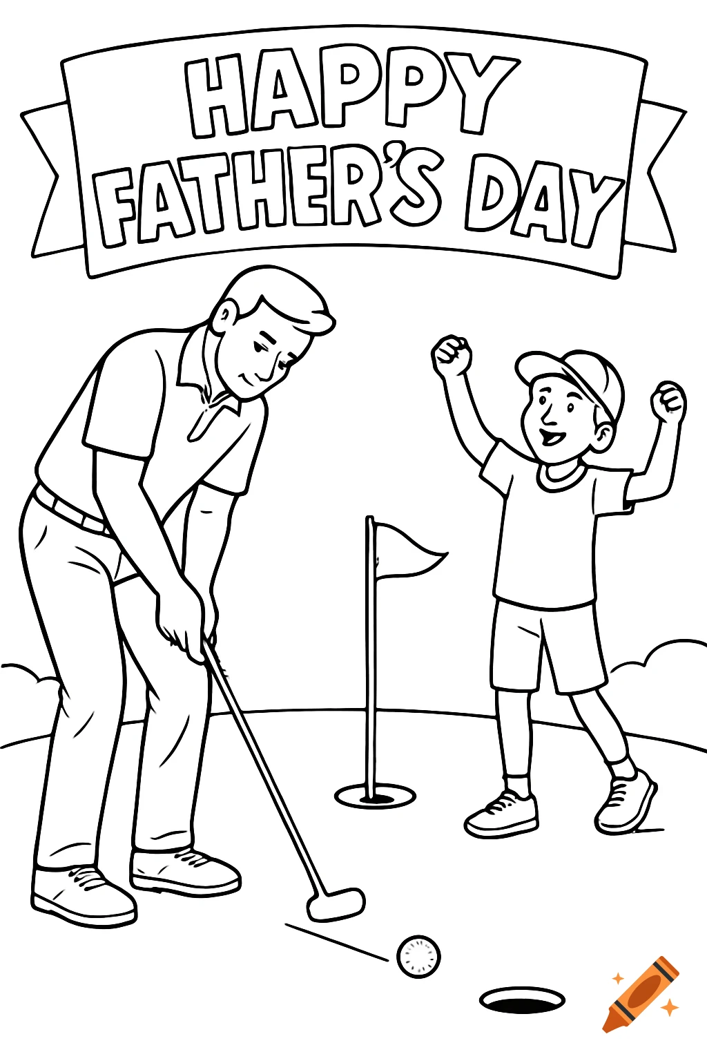 A black and white coloring page shows a father putting a golf ball while his son cheers under a Happy Father's Day banner.