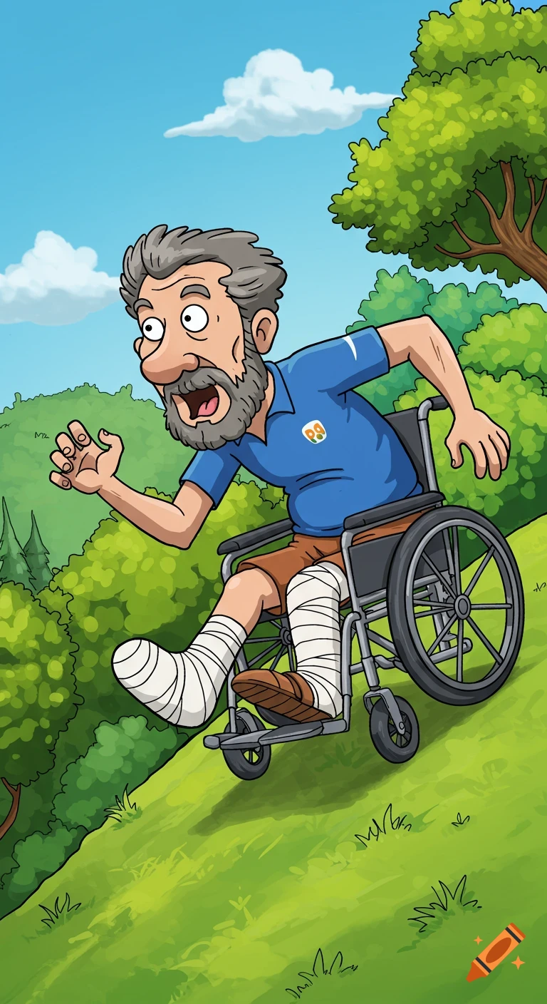 A cartoon man in a wheelchair with leg casts races down a grassy hill ...