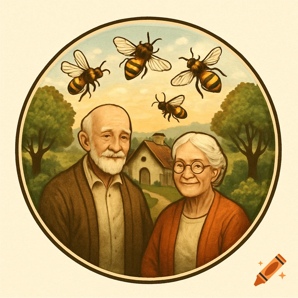 Vintage illustration of an elderly couple smiling with bees flying above them, a house in the background, within a circle.