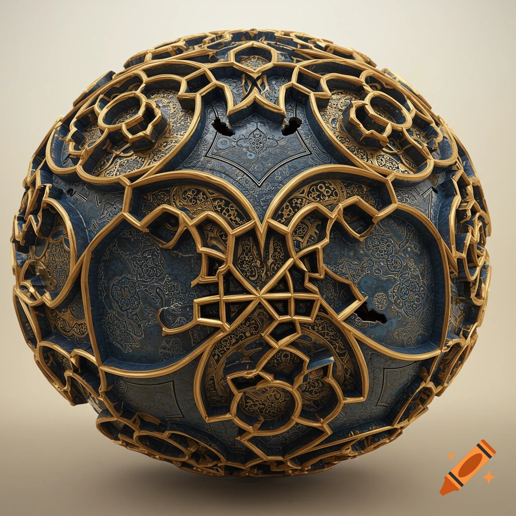 A 3D sphere covered in intricate blue and gold Arabesque patterns