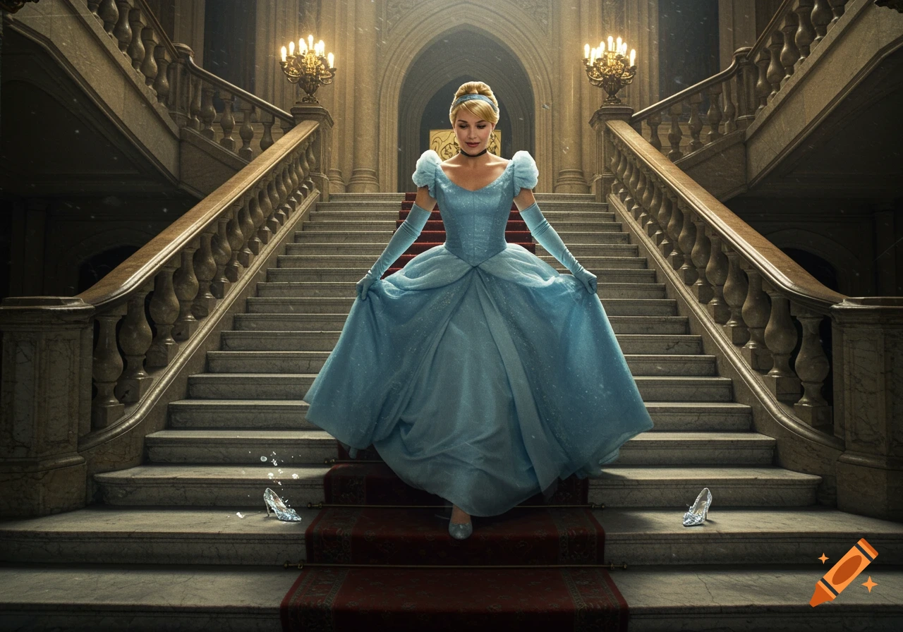 Cinderella in a blue ball gown runs down grand castle stairs, dropping a glass slipper. Photorealistic.