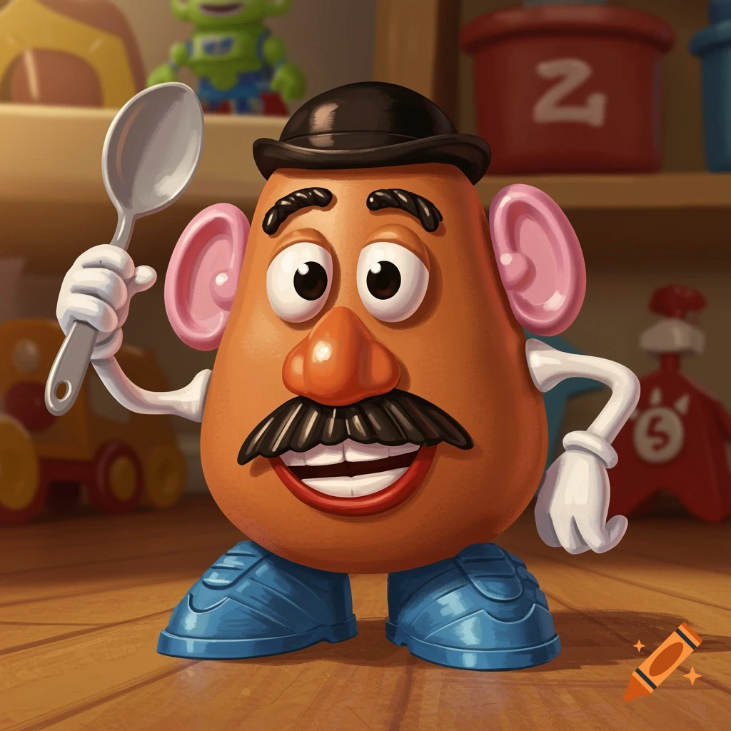 Mr. Potato Head from Toy Story holds a spoon while standing in a room filled with toys. Digital painting.