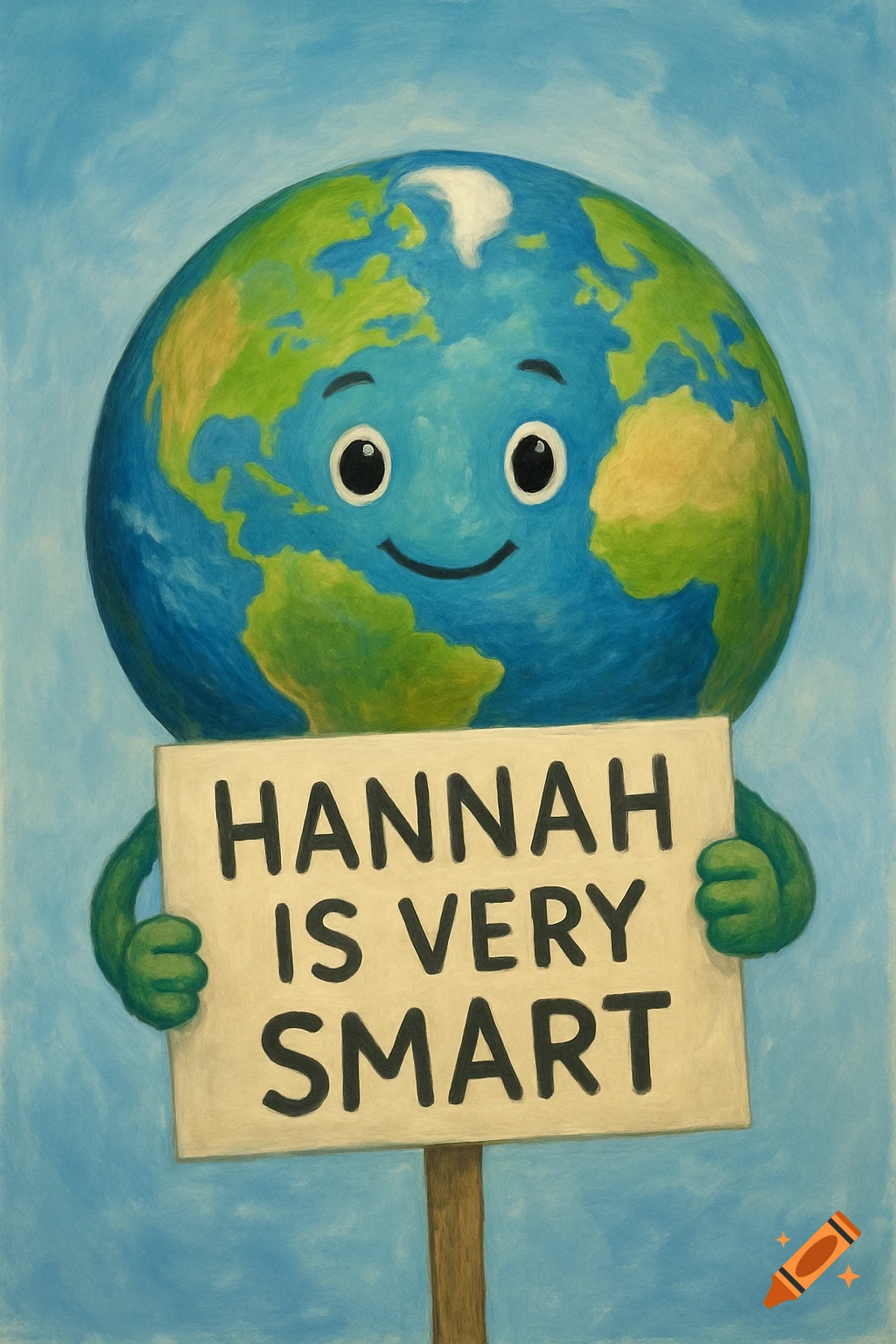Cartoon of Earth holding a sign that reads 'Hannah is very smart'.