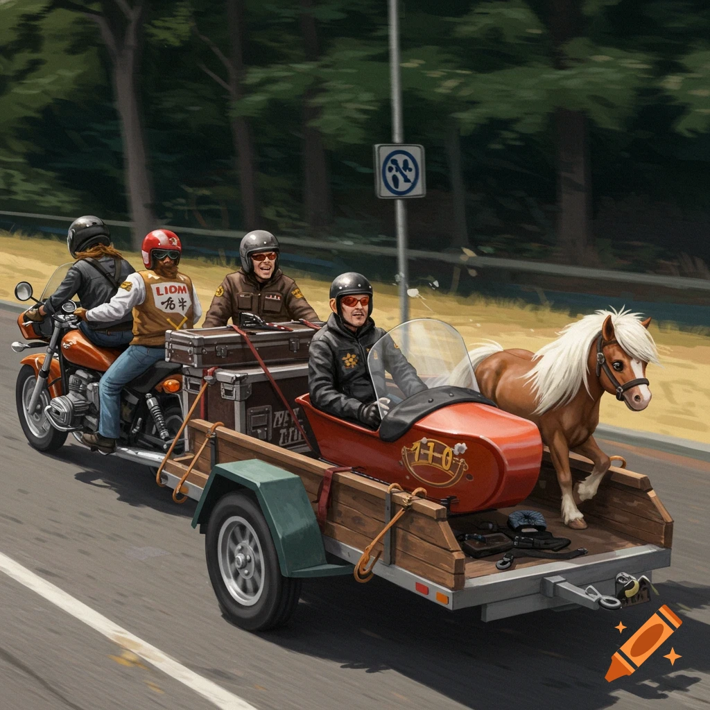 A motorcycle pulling a trailer with a sidecar containing people, boxes, and a pony on a road.