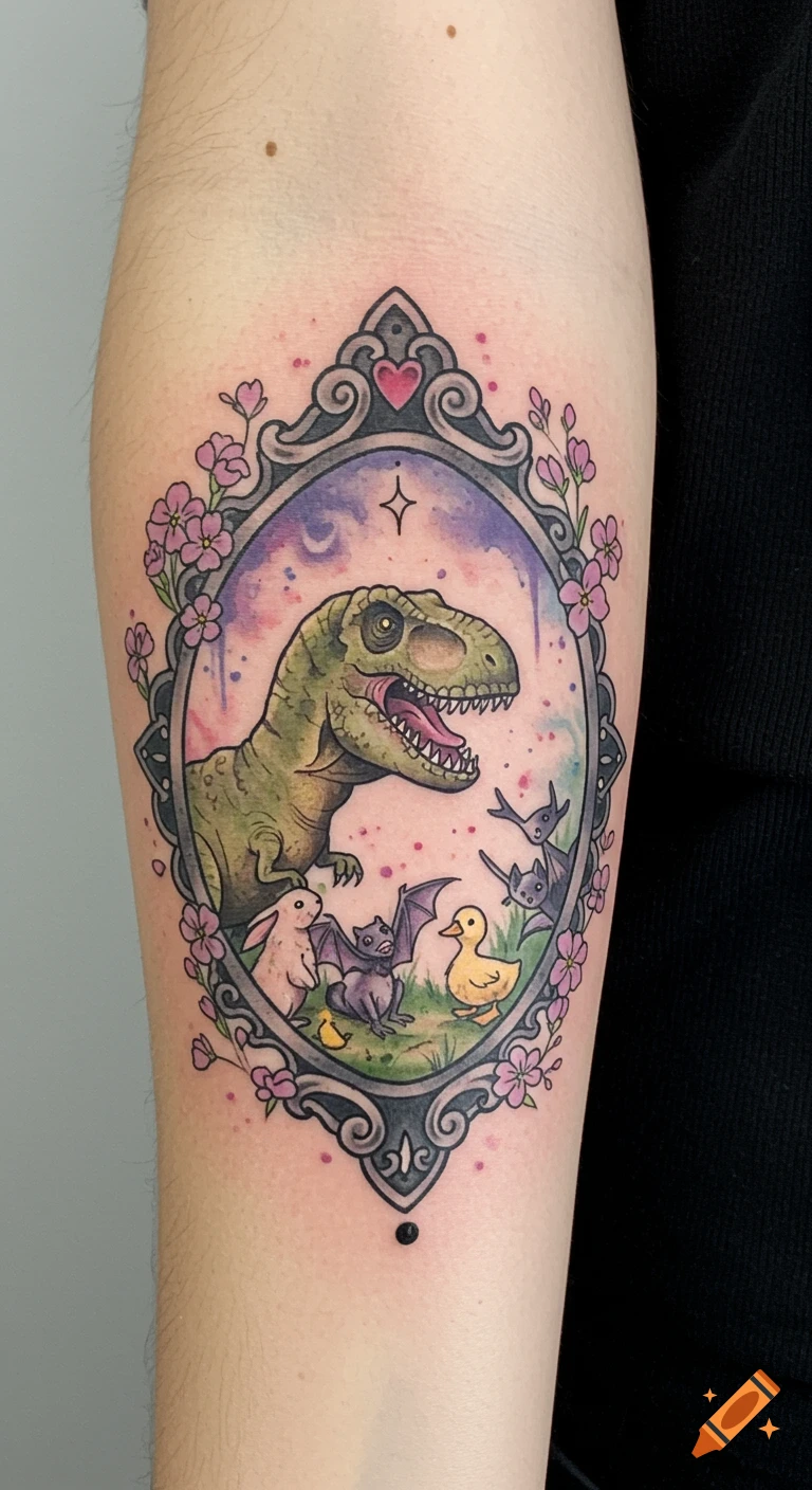 A colorful forearm tattoo shows a T-Rex, bunny, bat, and duck inside a decorative frame with flowers and a watercolor background.