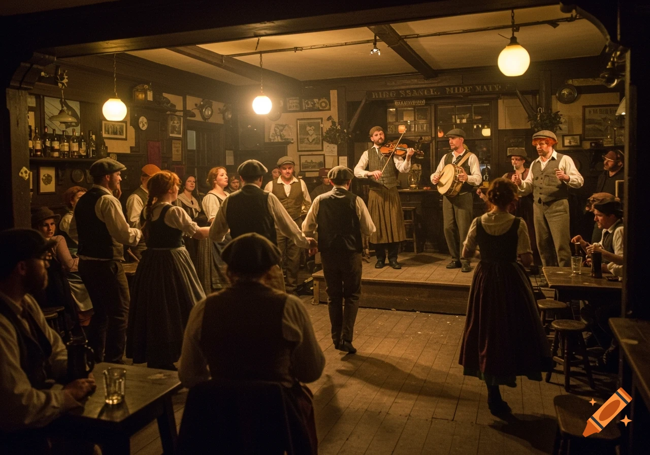 People dancing and playing music in a dimly lit, old time Irish pub.