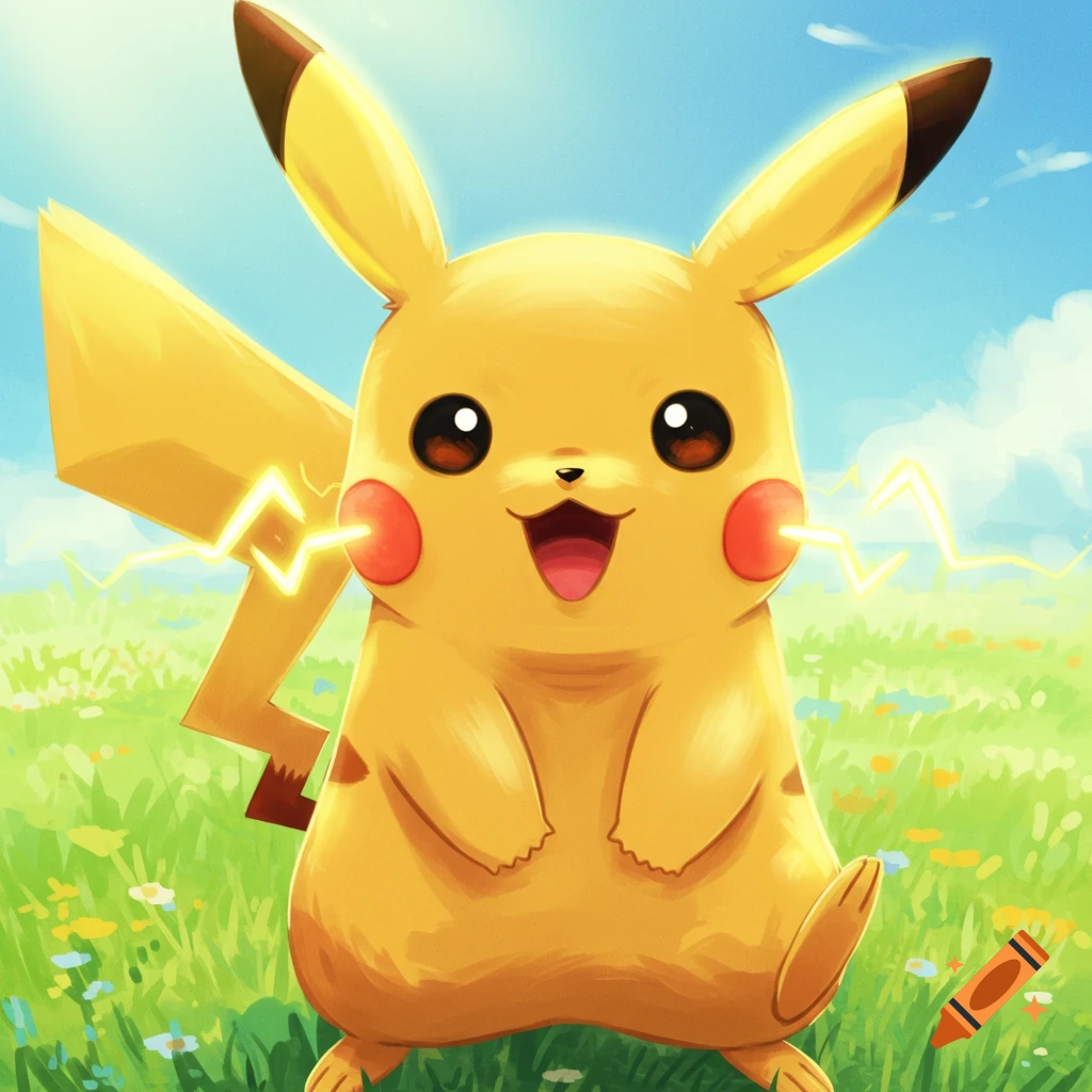 A cheerful Pikachu stands in a sunny green field with lightning effects.
