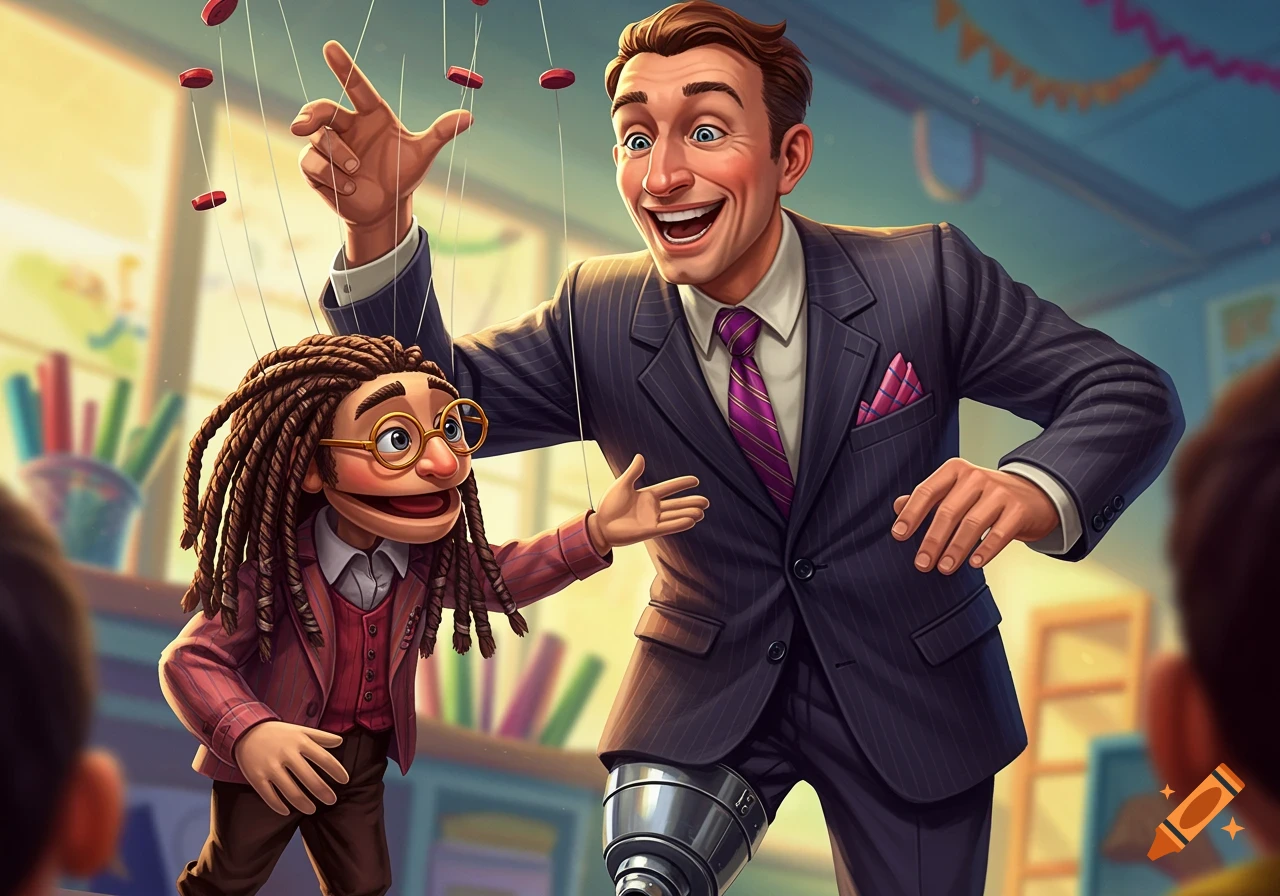 A teacher with a prosthetic leg controls a puppet with braids and glasses in a classroom.