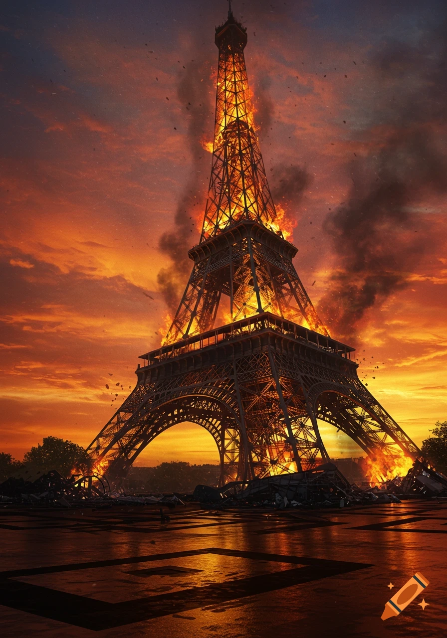 The Eiffel Tower burning and surrounded by debris at sunset.