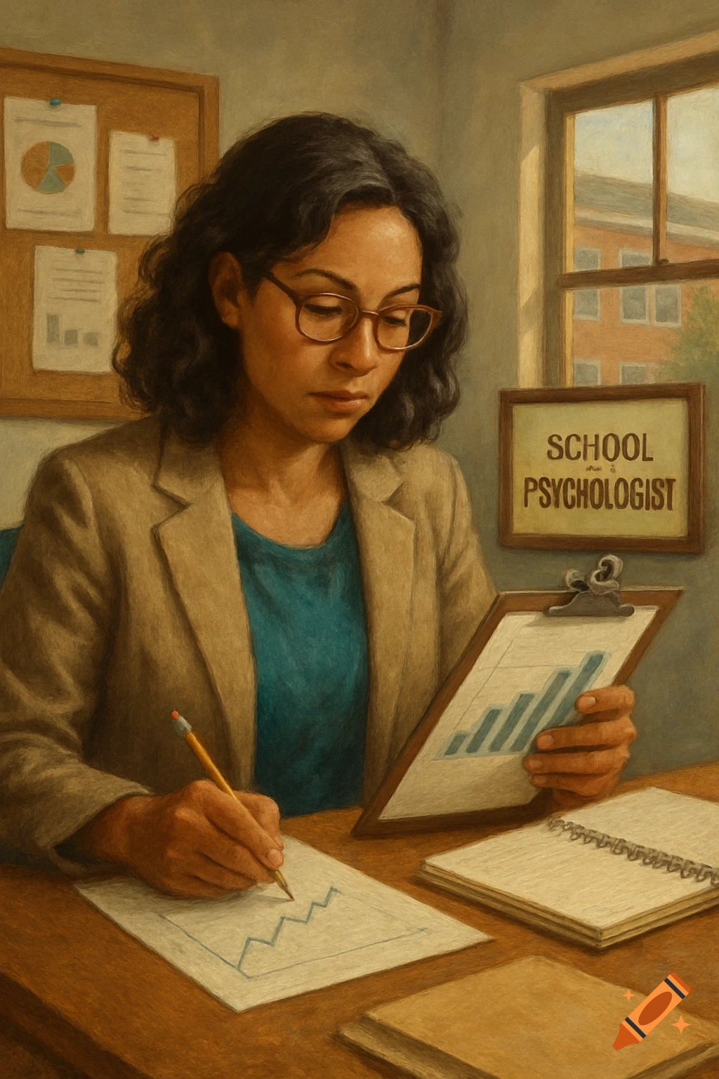 Painterly image of a school psychologist analyzing data at her desk.