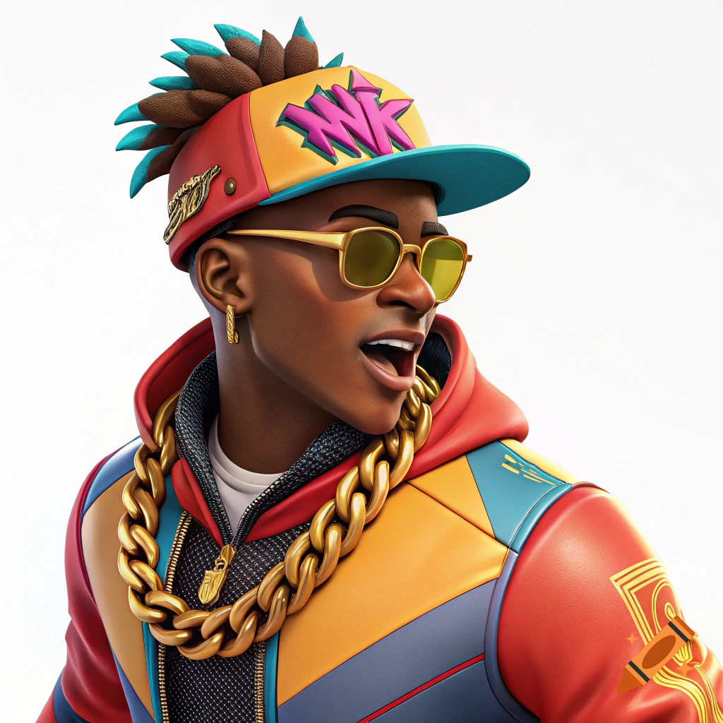 Stylized cartoon character wearing a cap, sunglasses, colorful jacket, and gold chain.