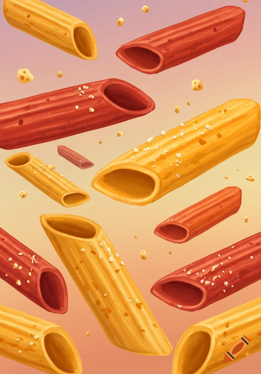 Illustrative image of red and yellow penne pasta floating with crumbs against a gradient background.