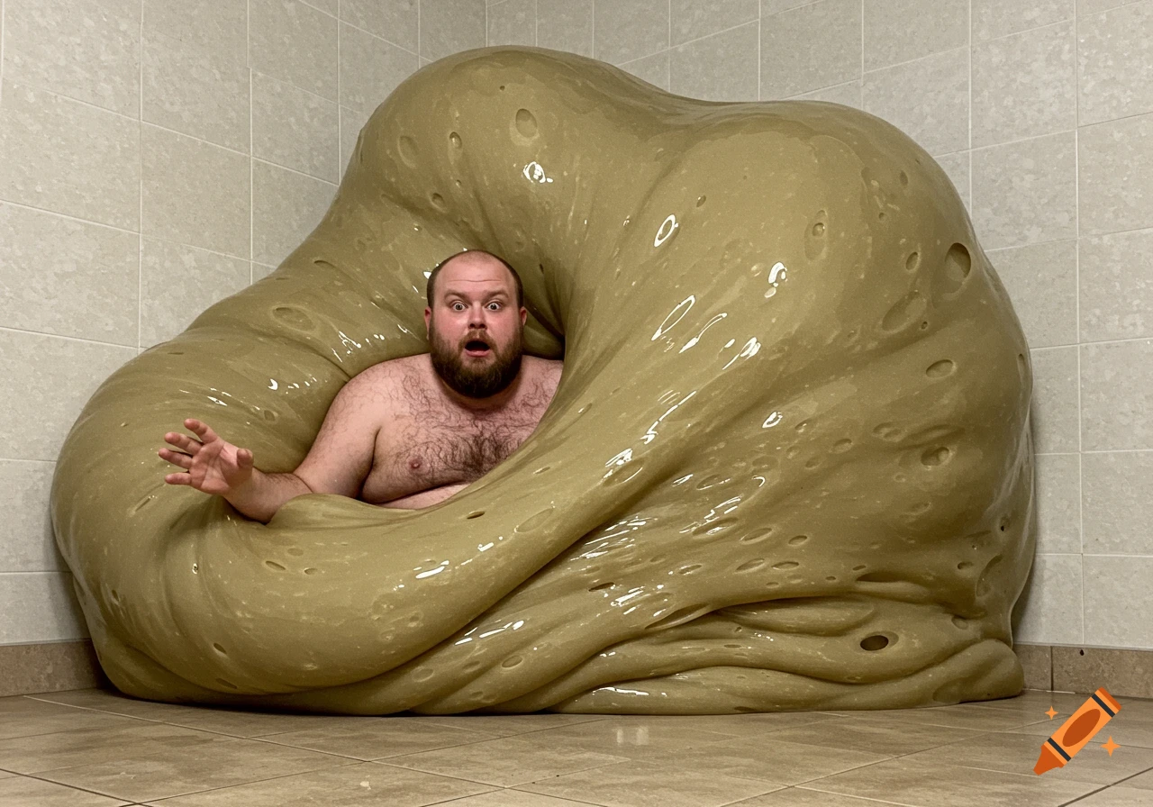 A bearded man looks panicked while trapped inside a large brown slime blob.