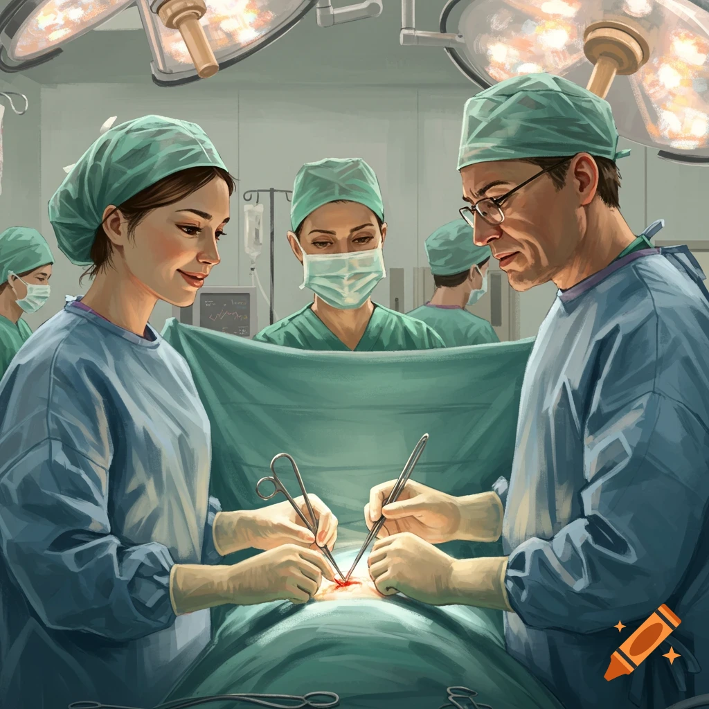 A painted illustration of a surgical team operating in an operating room.
