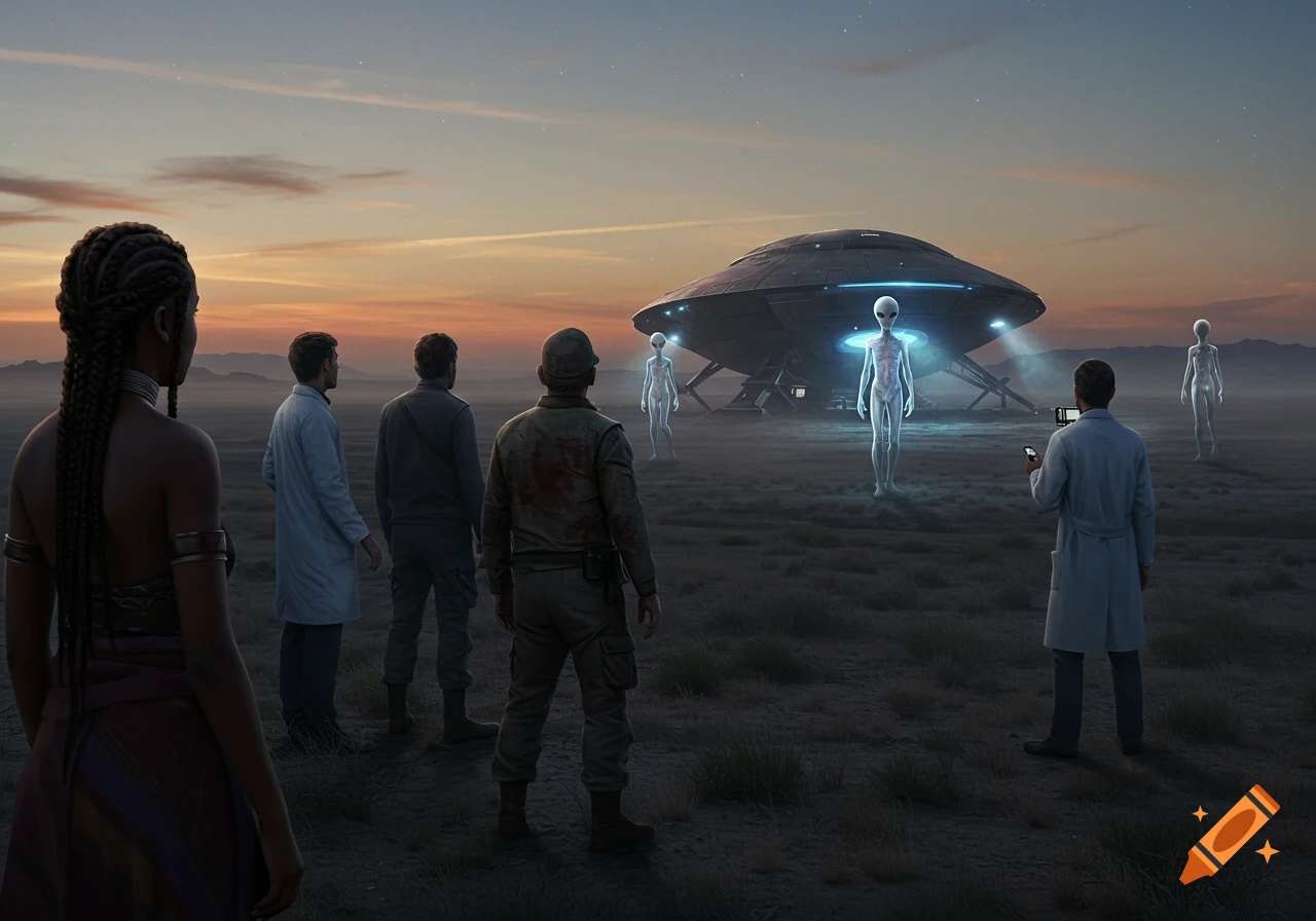 Humans stand in a field at sunset facing aliens emerging from a landed UFO in this photorealistic scene.