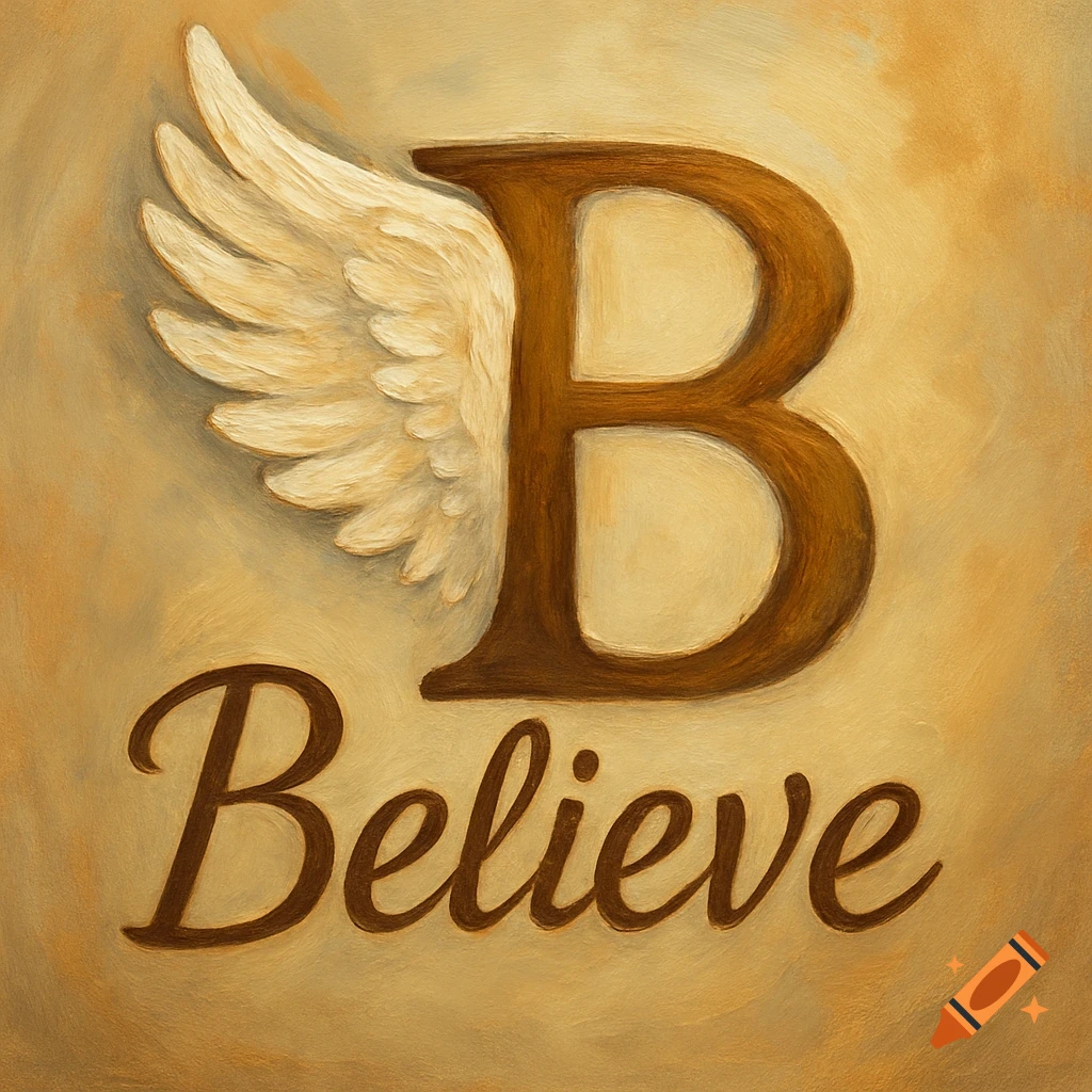 A brown letter B with a white wing attached, above the word "Believe" in script, on a textured tan background.