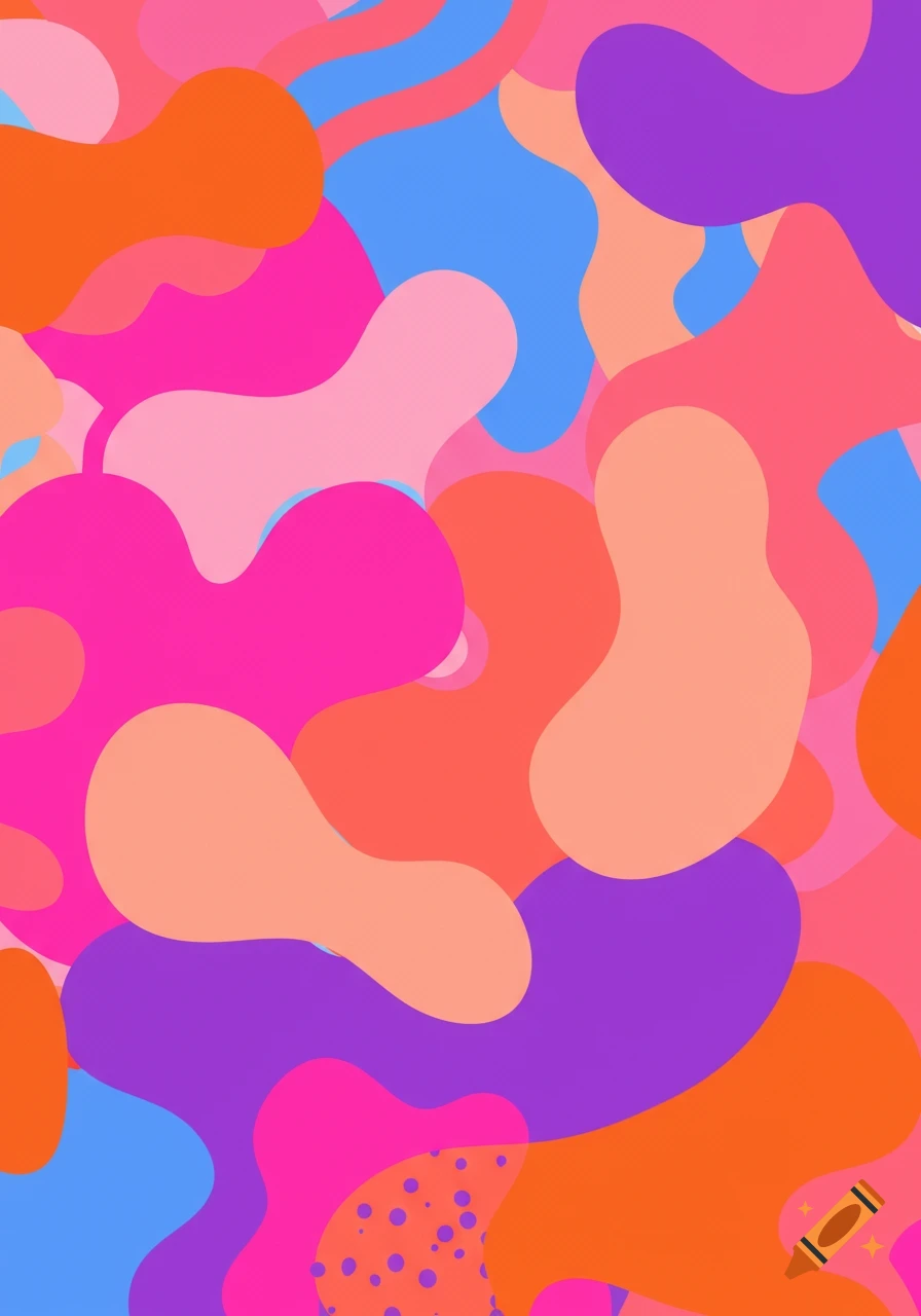 A colorful abstract pattern of fluid shapes in pink, orange, blue, and purple.
