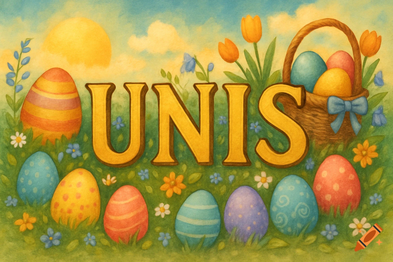 Watercolor illustration of Easter eggs, flowers, and a basket with the word UNIS in the center.
