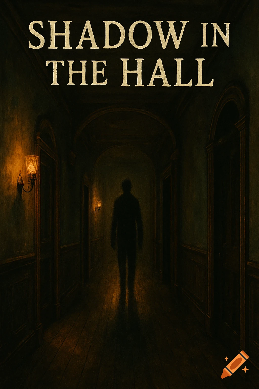 Dark, atmospheric artwork of a silhouetted figure in a long, shadowy hallway, with the title 'SHADOW IN THE HALL' above.