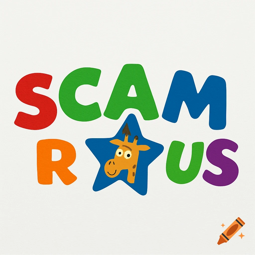 Logo parody resembling Toys R Us logo with text 'SCAM R US' and a giraffe character in a star.